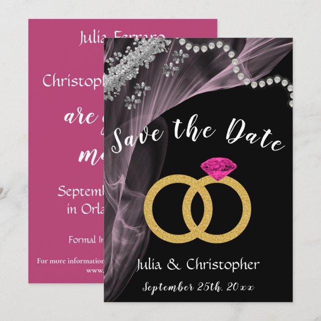 Schwarz & Rosa mit Eheringen & Silber Save The Date (Vorne/Hinten)