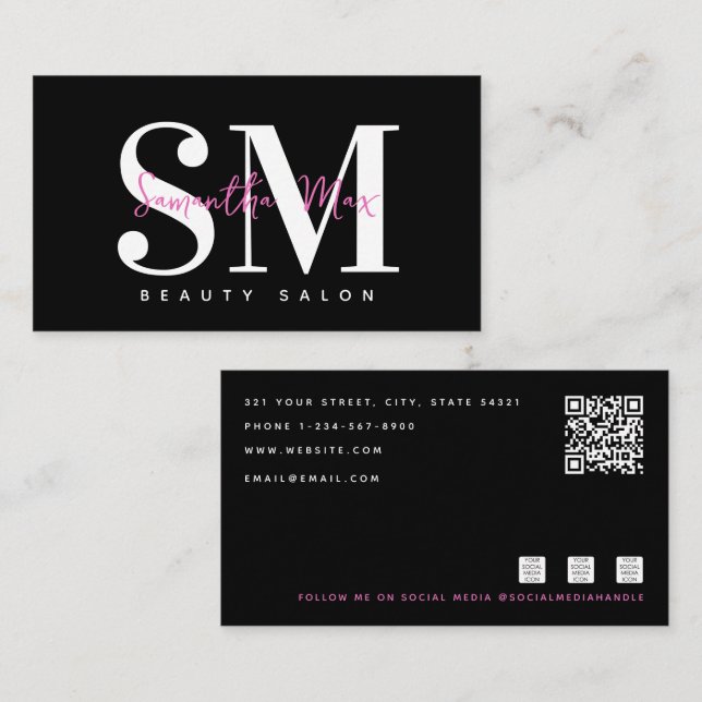 Schwarz-Rosa Monogramm MUA Haare Stylistin Lash Te Visitenkarte (Vorne/Hinten)