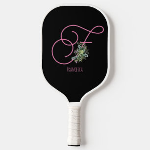 Schwarz rosa Monogramm Wasserfarben-Blume Pickleball Schläger