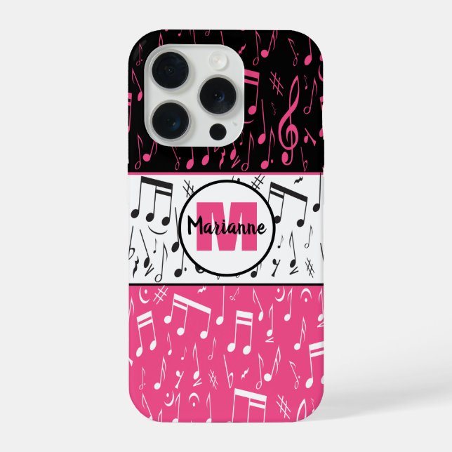 Schwarz-Rosa-Musiknoten iPhone 15 Pro Hülle (Rückseite)