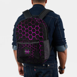 Schwarz-Rosa-Nebel-Wabengeometrie Monogramm Bedruckter Rucksack