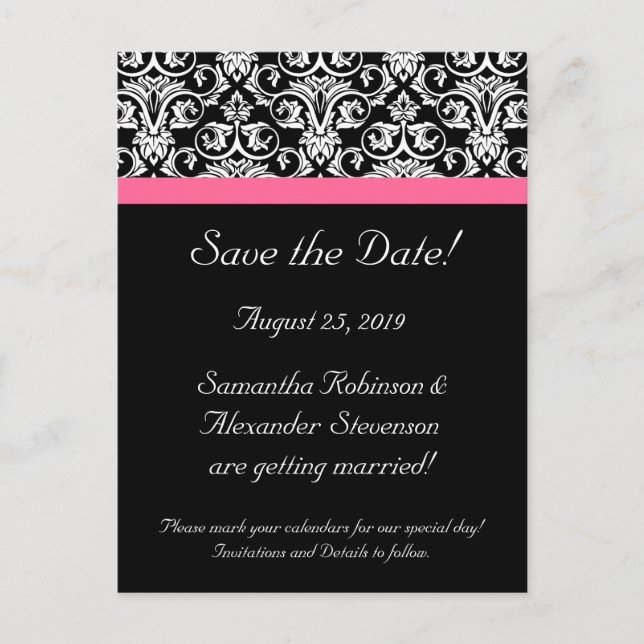 Schwarz-Rosa-PassionsDamaskus-Save the Date-Karte Ankündigungspostkarte (Vorderseite)