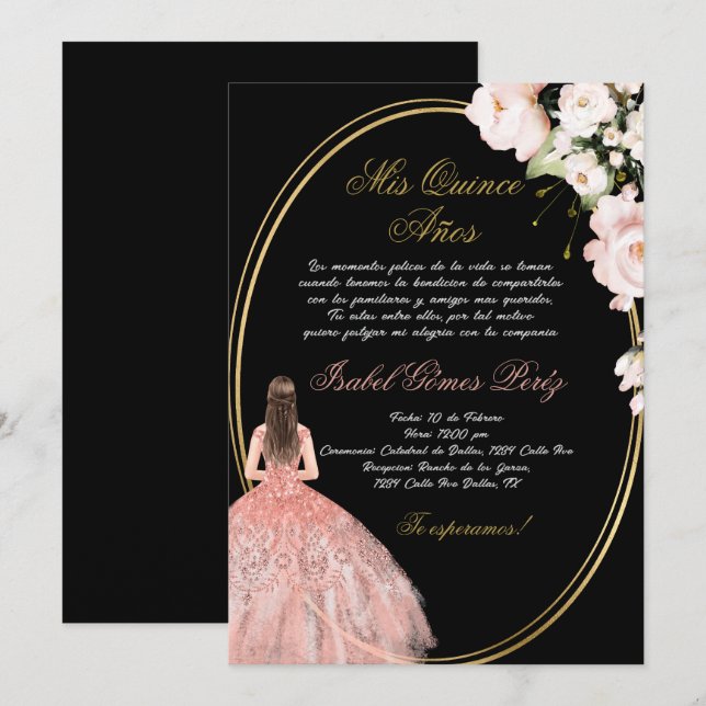 Schwarz-Rosa-Quinceanera-Einladung auf Spanisch Einladung (Vorne/Hinten)