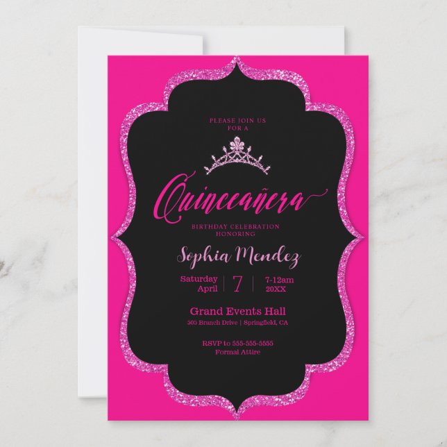 Schwarz-Rosa-Quinceanera-Einladung Einladung (Vorderseite)