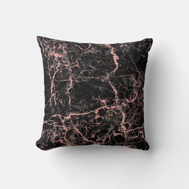 Schwarz Rosa Rose Gold Abstrakter Marmor Glam Kissen (Vorderseite)