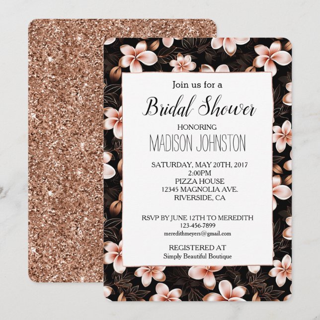 Schwarz Rosa Rose Gold Brautparty Einladung (Vorne/Hinten)