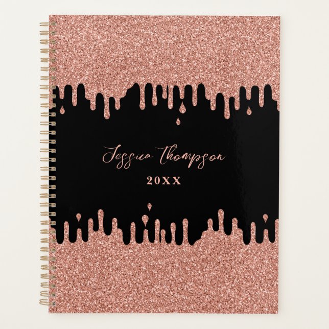 Schwarz-Rosa-Rose-Gold-Glitzer-Tropfen-Planer Planer (Vorderseite)
