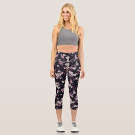 Schwarz-Rosa-Sakura-Blume, Musterdesign, Capri Leggings