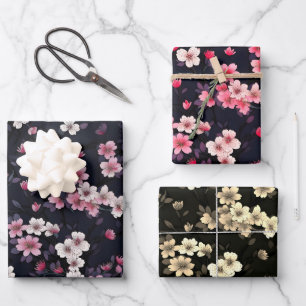 Schwarz-Rosa-Sakura-Blume, Musterdesign, Geschenkpapier Set