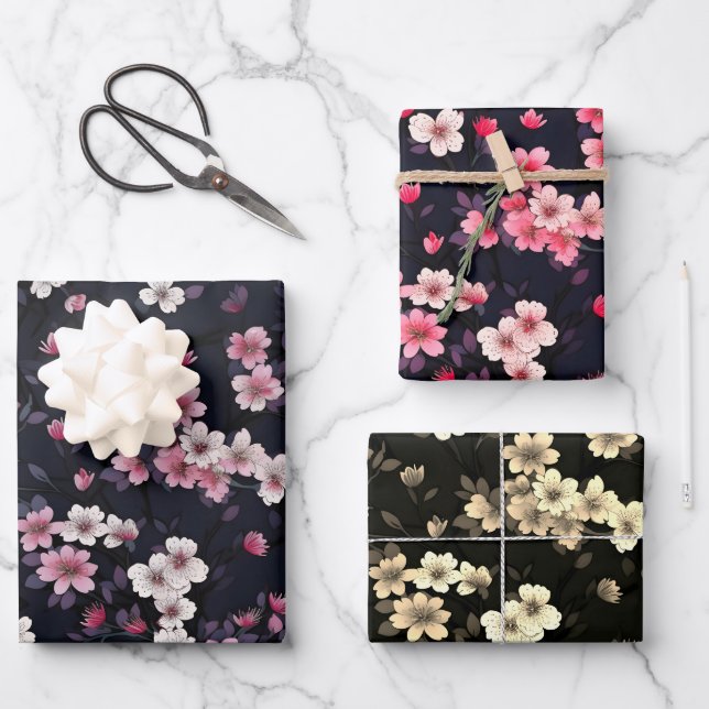 Schwarz-Rosa-Sakura-Blume, Musterdesign, Geschenkpapier Set (Vorderseite)