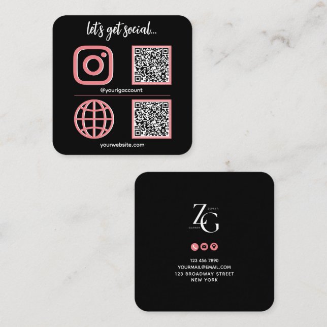Schwarz | Rosa Social Media-Signatur mit QR-Code N Quadratische Visitenkarte (Vorne/Hinten)