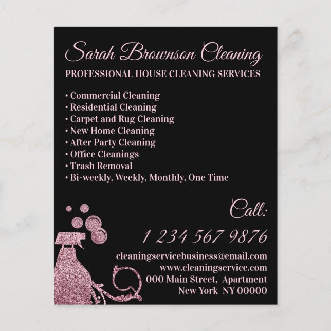 Schwarz-Rosa-Spray Janitorial Maid House Reinigung Flyer (Vorne)