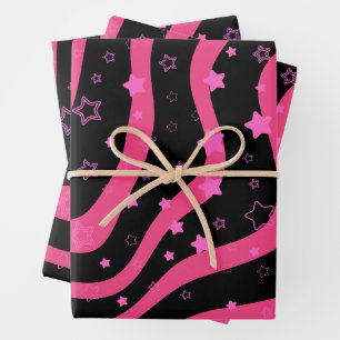 Schwarz & Rosa Sterne auf Linien Elegantes feminin Geschenkpapier Set