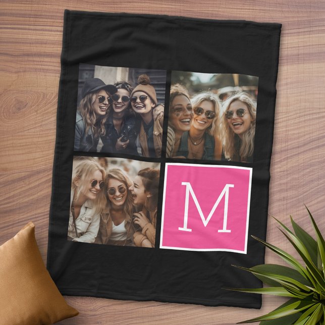 Schwarz-Rosa-TrendfotoCollage mit Monogramm Fleecedecke (Personalized Fleece Blanket - Add Photos and Text or Customize completely in advanced design area)
