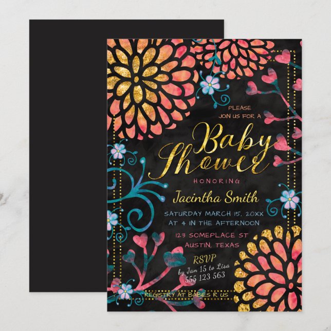 Schwarz Rosa und Gold Baby Dusche farbenfroh flora Einladung (Vorne/Hinten)