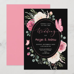 Schwarz-Rosa-Weiß-Aquarellfarben Rose Hochzeit Einladung