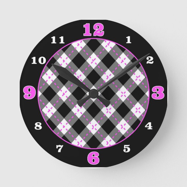 Schwarz/Rosa/Weiß-Raute Karierte Runduhr Runde Wanduhr (Vorderseite)
