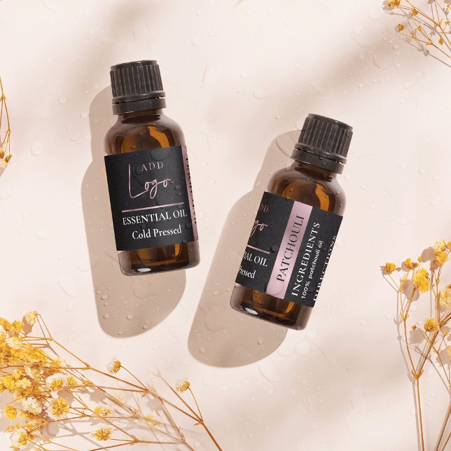 Schwarz-Rose-Gold-Logo - Essenziell Öl wasserdicht Etiketten (Black and rose gold essential oil bottle waterproof labels with your logo and product ingredients)