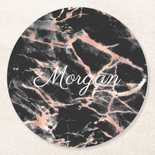 Schwarz-Rose-Gold-Marmor, weißer Script-Name Runder Pappuntersetzer