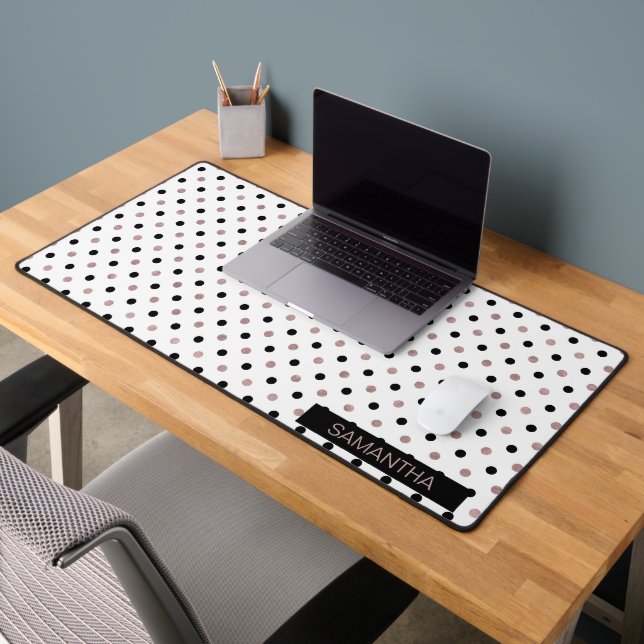 Schwarz & Rose Gold Polka Punkte in weißem Hinterg Schreibtischunterlage (Büro 2)