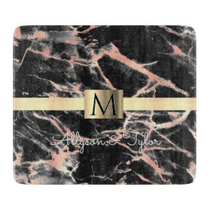 Schwarz & Roségold-Marmor-Goldband Name & Monogram Schneidebrett