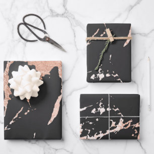 Schwarz-Roségold-Marmor-Optik Geschenkpapier Set