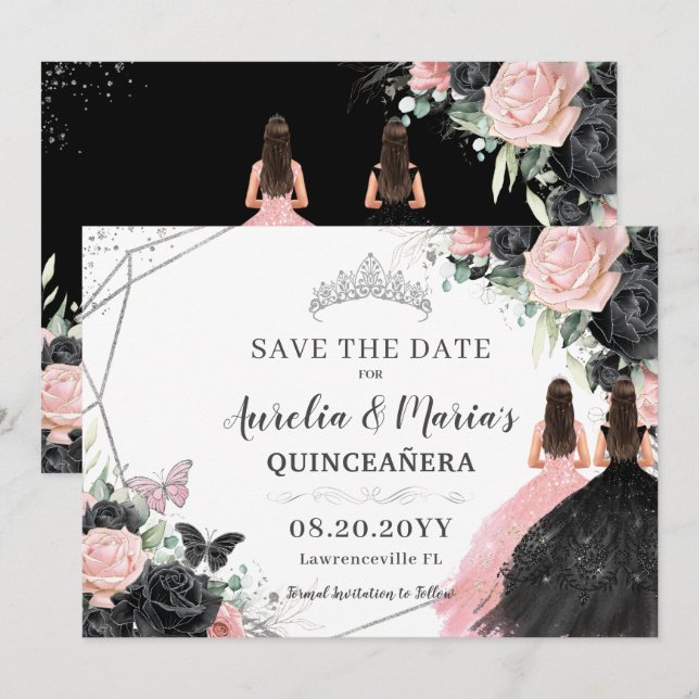 Schwarz Roses Floral Twins Quinceanera Sweet 16 Save The Date (Vorne/Hinten)