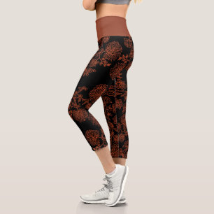 Schwarz-Rost-Blüten Capri Yoga-Leggings Leggings