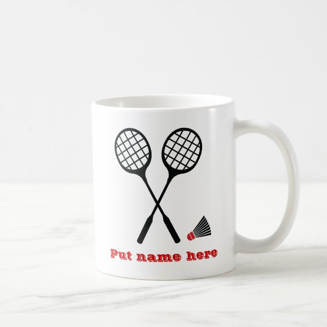 Schwarz-Rot-Badminton-Schläger und Shuttleservice Kaffeetasse (Rechts)