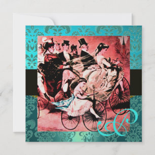 SCHWARZ ROT BLAU FAHRRAD HOCHZEIT DAMAST MONOGRAMM EINLADUNG