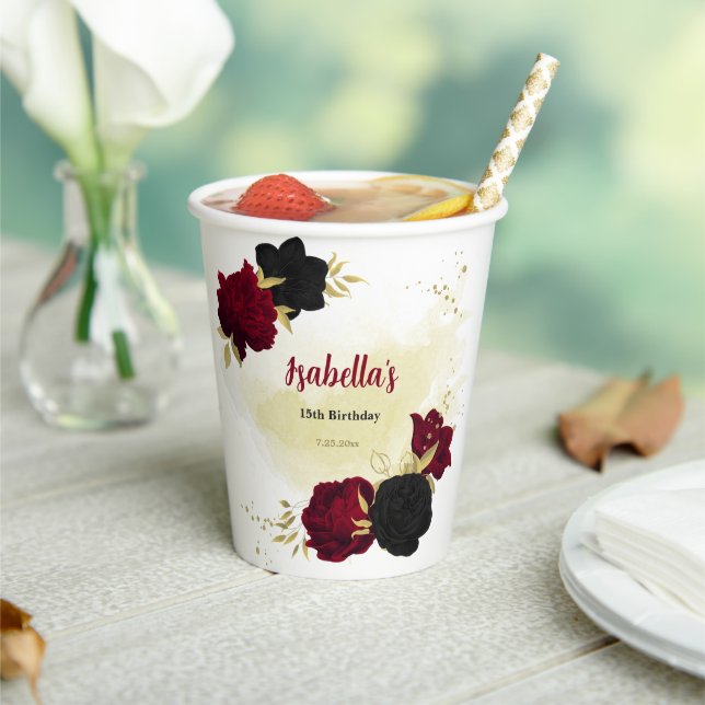 Schwarz-Rot-Blume-Gold-Blätter Pappbecher (In Situ)