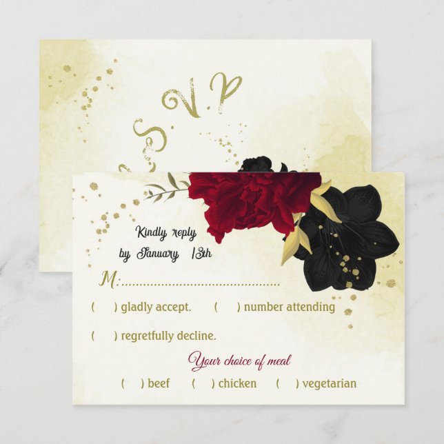 Schwarz-Rot-Blume-Gold-Blätter RSVP Karte (Vorne/Hinten)