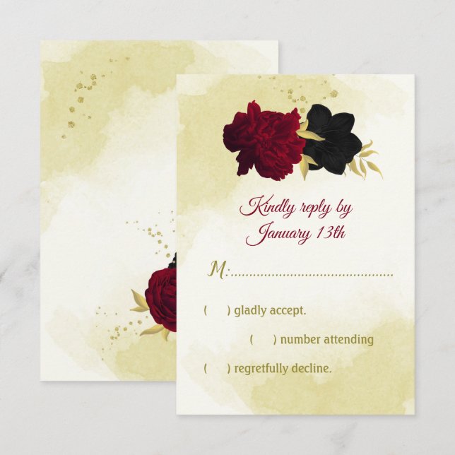 Schwarz-Rot-Blume-Gold-Blätter RSVP Karte (Vorne/Hinten)