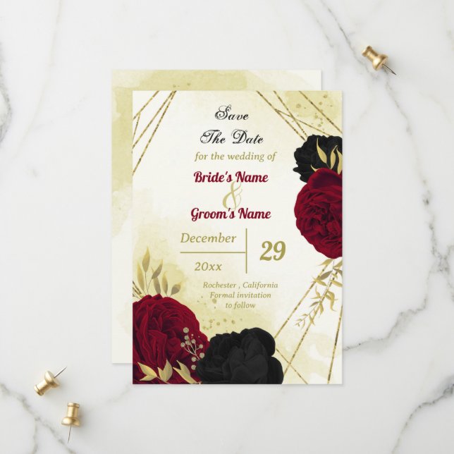 Schwarz-Rot-Blume-Gold-Blätter Save The Date (Vorderseite/Rückseite Beispiel)