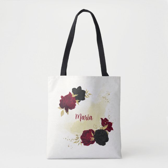 Schwarz-Rot-Blume-Gold-Blätter Tasche (Vorderseite)