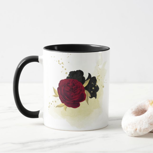 Schwarz-Rot-Blume-Gold-Blätter Tasse (Mit Donut)