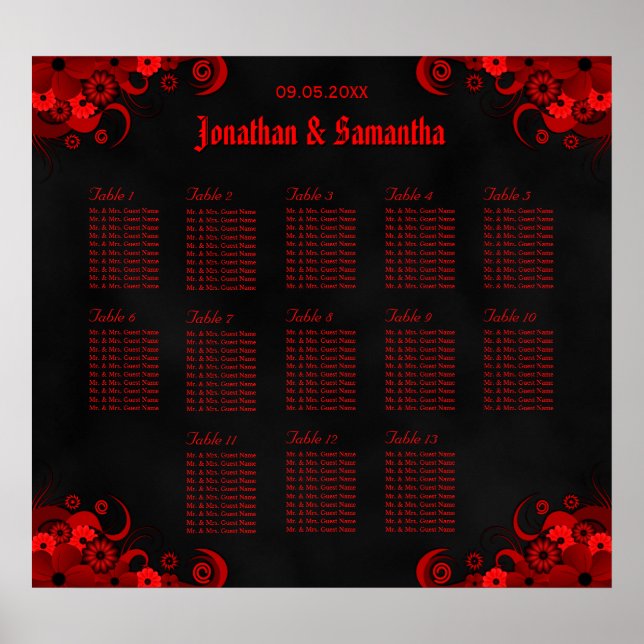 Schwarz-Rot-Blüte 13 Hochzeitstabellen Sitzplan Poster (Vorne)
