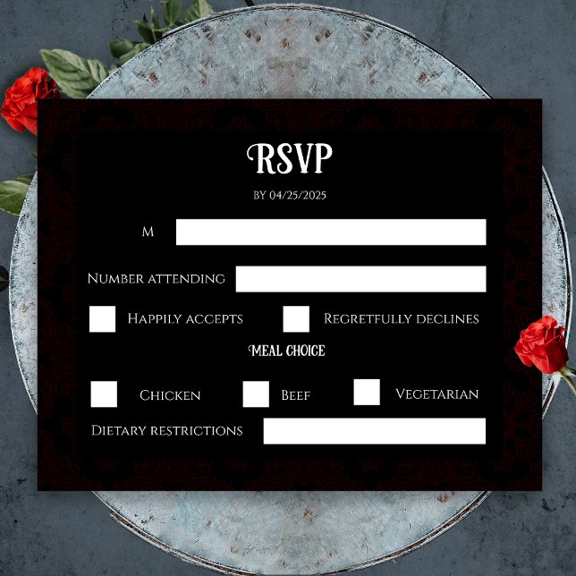 Schwarz-Rot-Blütengotik Dunkle Elegante Hochzeit RSVP Karte (Black and Red Floral Gothic Dark Elegant Wedding RSVP Card)