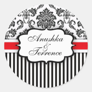 Schwarz-Rot-Damasstreifen-Hochzeitsticker Runder Aufkleber