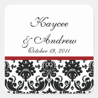 Schwarz-Rot-Damast-Aufkleber für die Hochzeitsnach Quadratischer Aufkleber
