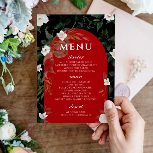 Schwarz-Rot-Elegantes White Floral Wedding Menu Menükarte (Von Creator hochgeladen)