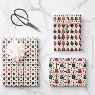 Schwarz-Rot-Gitarre-Herzmuster auf Off-White Geschenkpapier Set