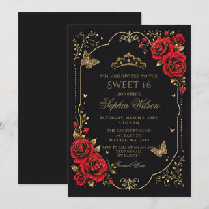 Schwarz Rot Gold Floral Schmetterling Sweet 16 Einladung
