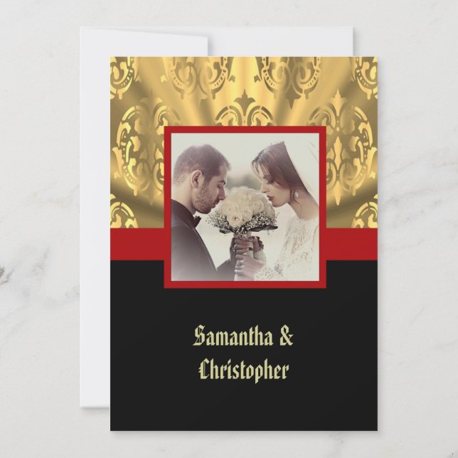 Schwarz-Rot-Gold-Hochzeit-Foto-Einladung Einladung (Rückseite)