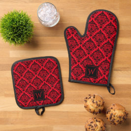Schwarz-Rot-Gotik Damask Blumenmuster Mit Monogram Ofenhandschuh & Topflappen-Set