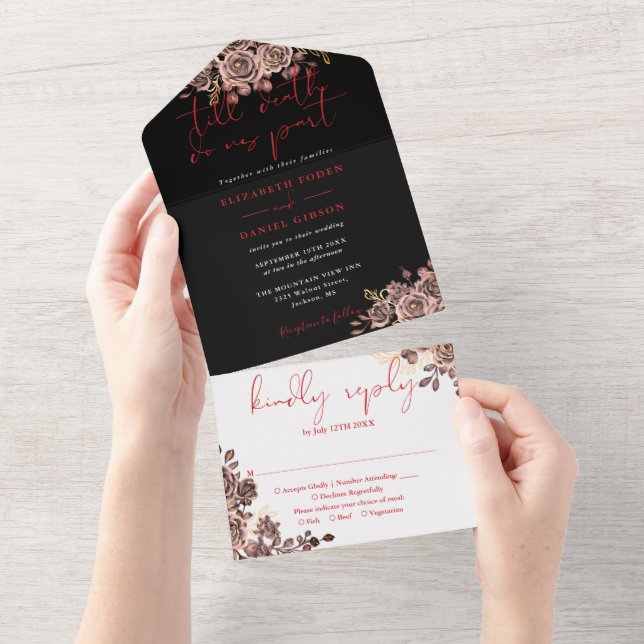 Schwarz-Rot-Gotik-Rose All In One Einladung (Abreißen)