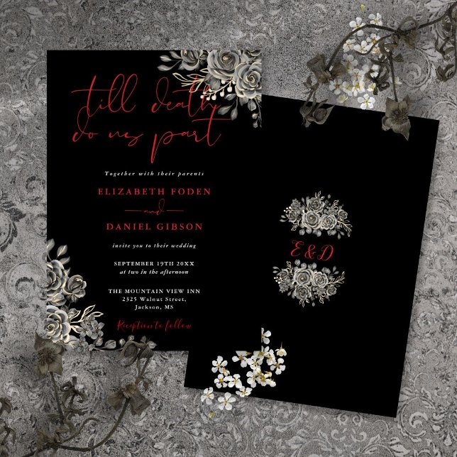 Schwarz-Rot-Gotik-Rose Einladung (Black And Red Gothic Roses Floral Wedding Invitation)