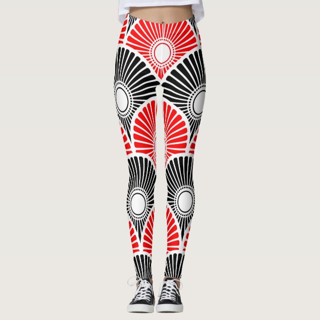 Schwarz-Rot-Halbkreis-Wellenmuster-Leggings Leggings (Vorderseite)
