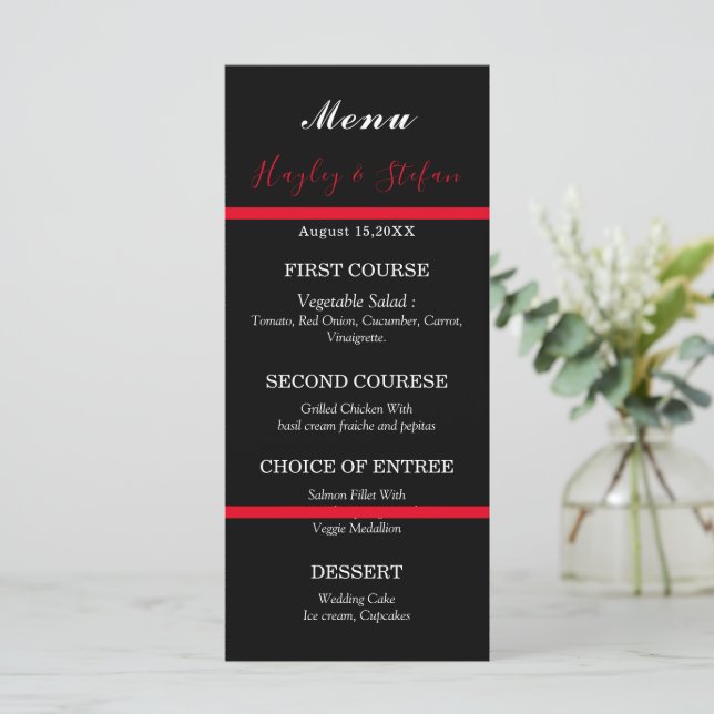 Schwarz-Rot-Hochzeit Menükarte (Stehend Vorderseite)