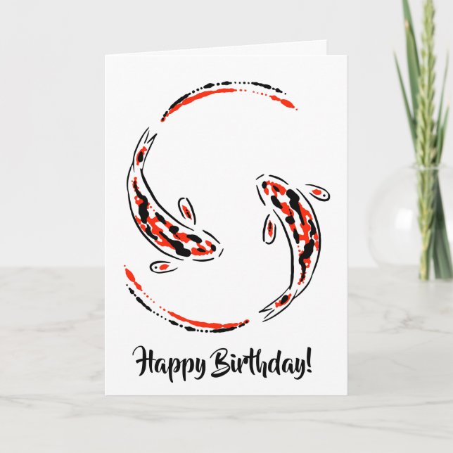 Schwarz & Rot Japanisch Koi Fisch Kunst Geburtstag Karte (Vorderseite)